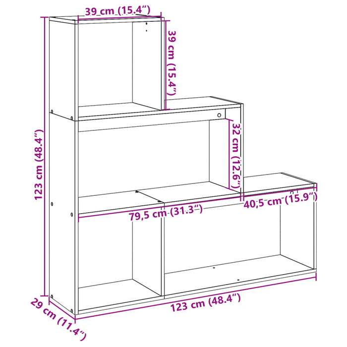 Разделител за стая Библиотека 3-етажен занаятчийски дъб 123x29x123 см инженерно дърво