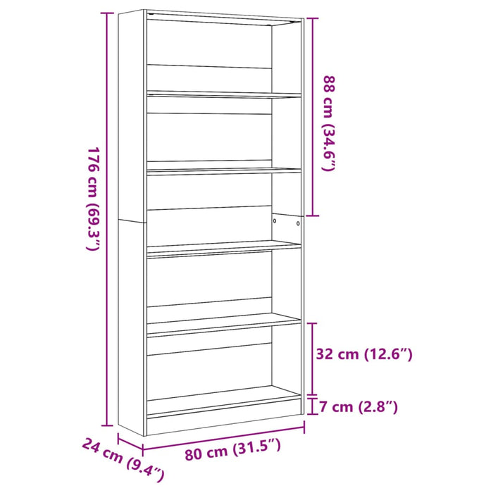 Bibliotecă Neagră 80x24x176 cm Lemn prelucrat