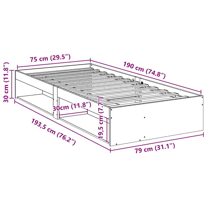 Pat de zi fara Saltea 75x190 cm Lemn Masivul Pin