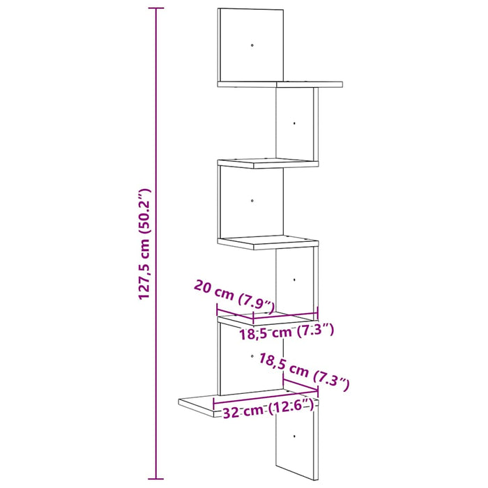 Стенен Ъглов рафт Бетонно сиво 32x32x127,5 см Инженерно дърво