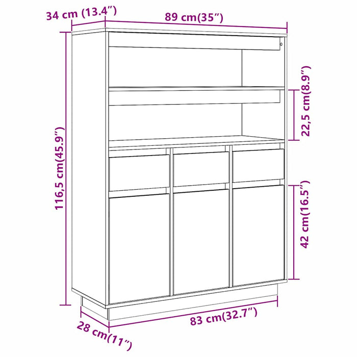 Highboard Бяла 89x34x116.5 cm масивна дървесина бор