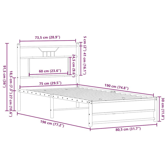 Cadru Pat fara Saltea Stejar Fumurit 75x190 cm Lemn Micut Singur