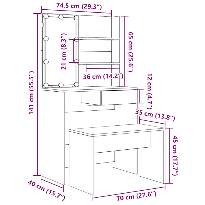 Dressing Table Set with LED Artisan Oak Engineered Wood